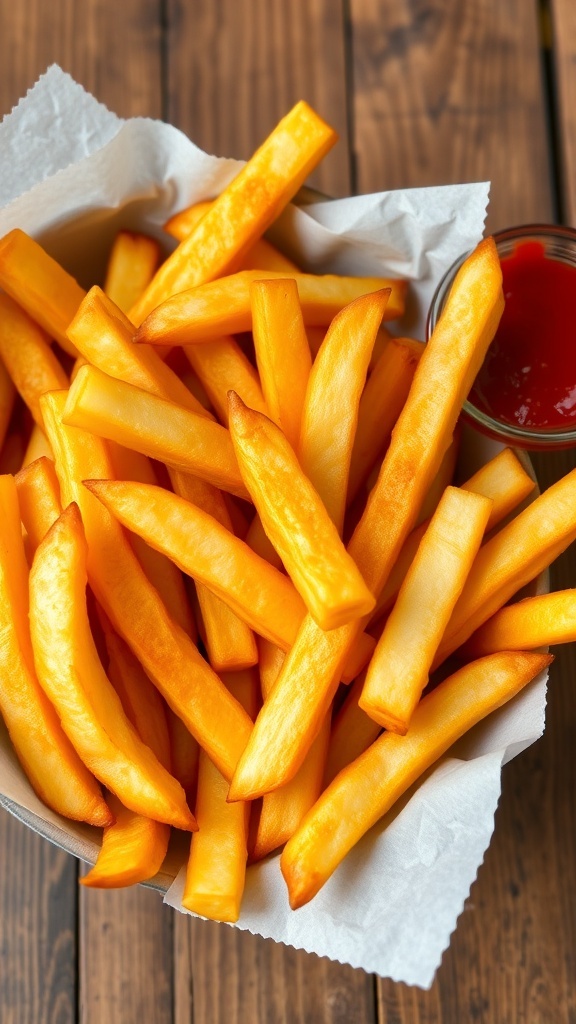 Crispy air fryer French fries served with ketchup on a wooden table.